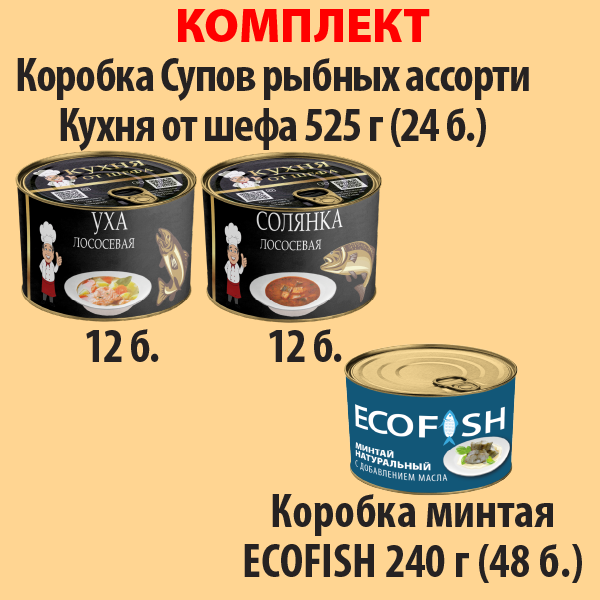 КОМПЛЕКТ РЫБНЫЕ СУПЫ ассорти коробка (24б.) и МИНТАЙ коробка (48б.)