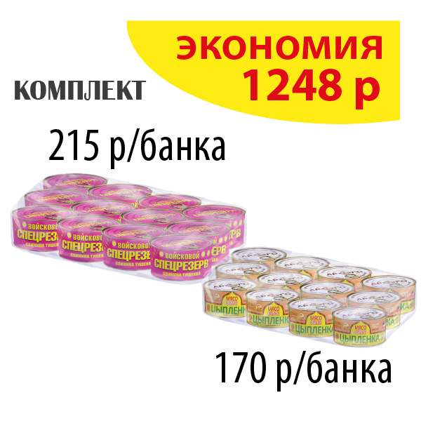 Упаковка свинины тушеной и мяса цыпленка филе 325г ГОСТ мелким оптом